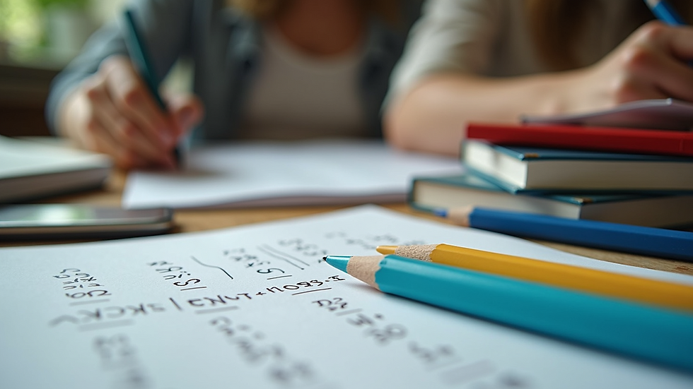 Close-up view of maths textbooks and notes on a study desk