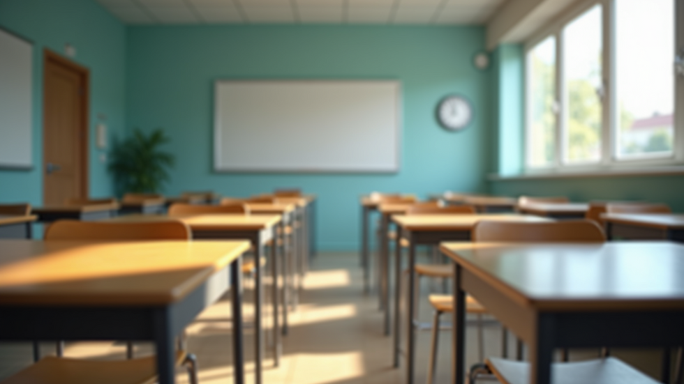 Eye-level view of an empty classroom with desks arranged for a test setting