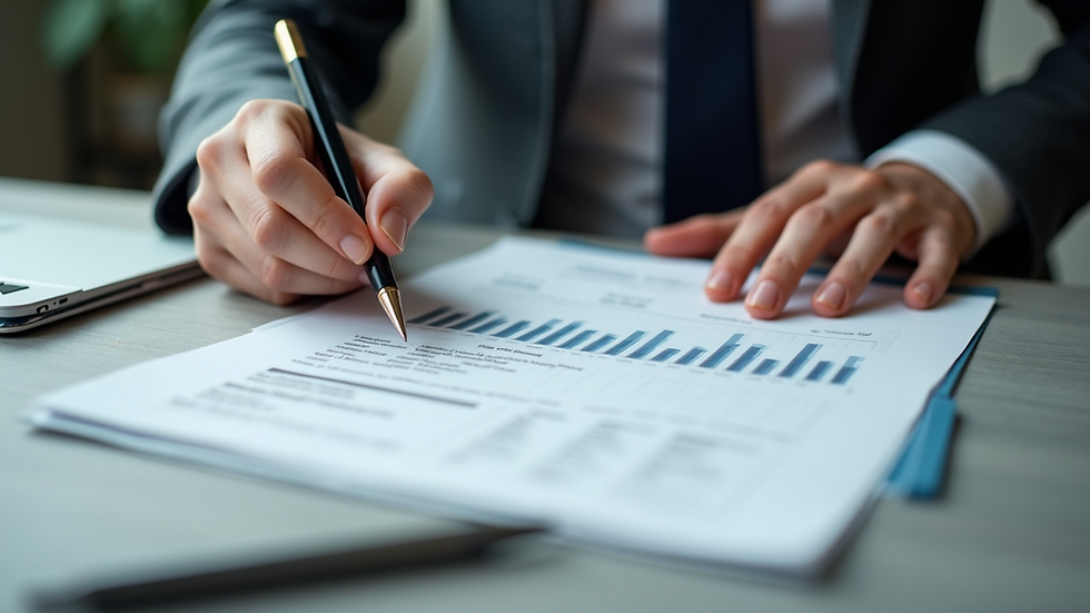 High angle view of a person reviewing business documents on a desk