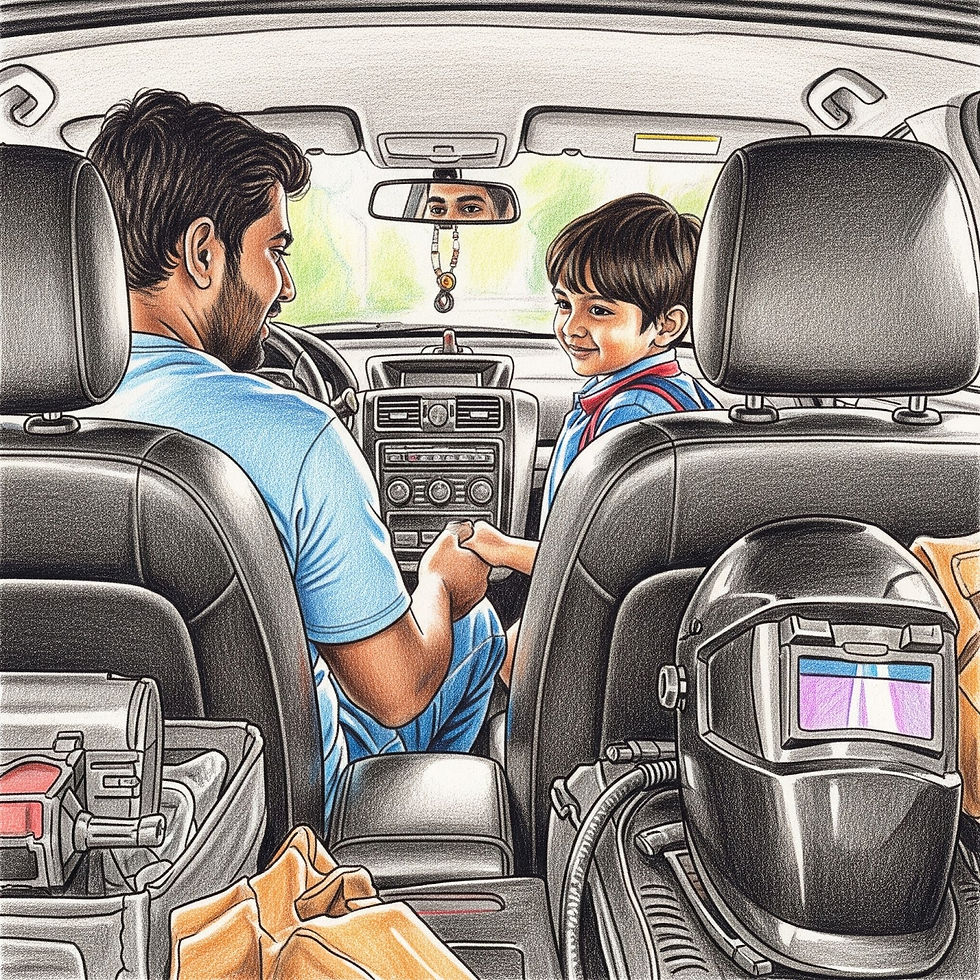 A fabricator dad takes his son to school before starting his work for the day.