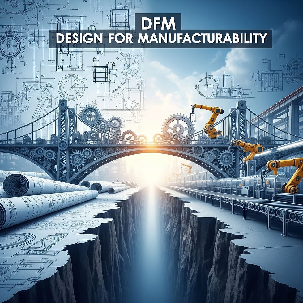 A conceptual image of "Design for Manufacturability (DFM)" as a sturdy bridge connecting detailed design blueprints on one side to an active factory production line on the other, spanning a deep chasm.