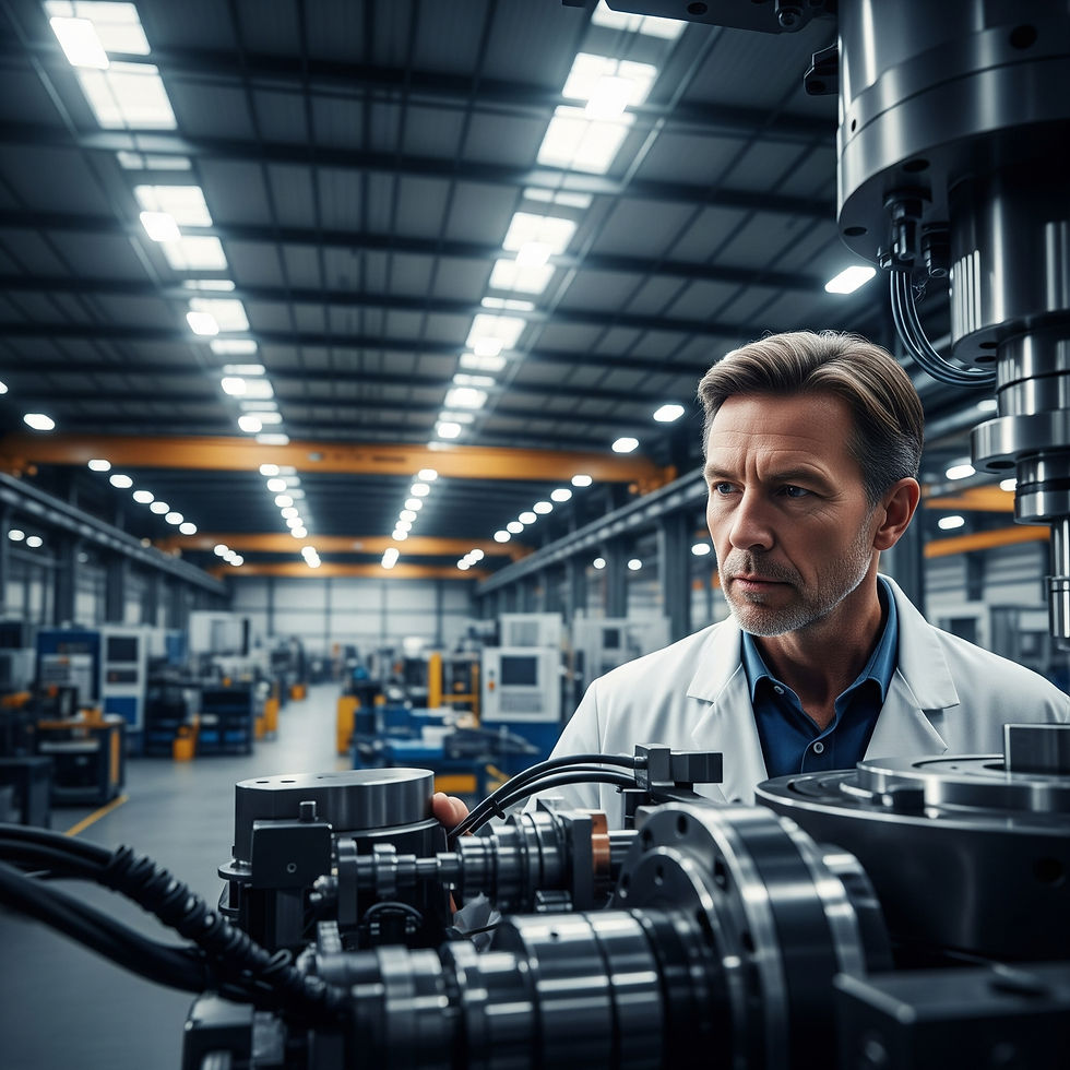 A focused mechanical designer in a lab coat examining complex industrial machinery within a large factory, representing the depth of manufacturing knowledge.