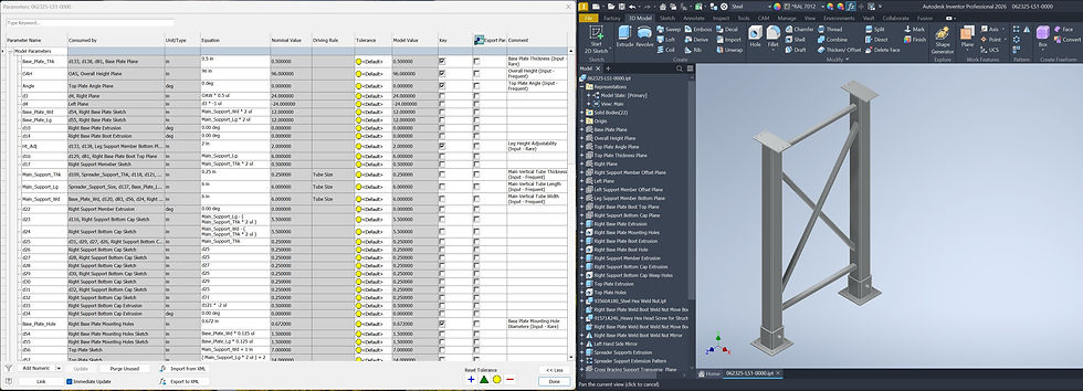 Screenshot of Autodesk Inventor showing a parametric table with dimensions and constraints alongside a 3D model of a structural assembly, highlighting how parameters drive design changes.