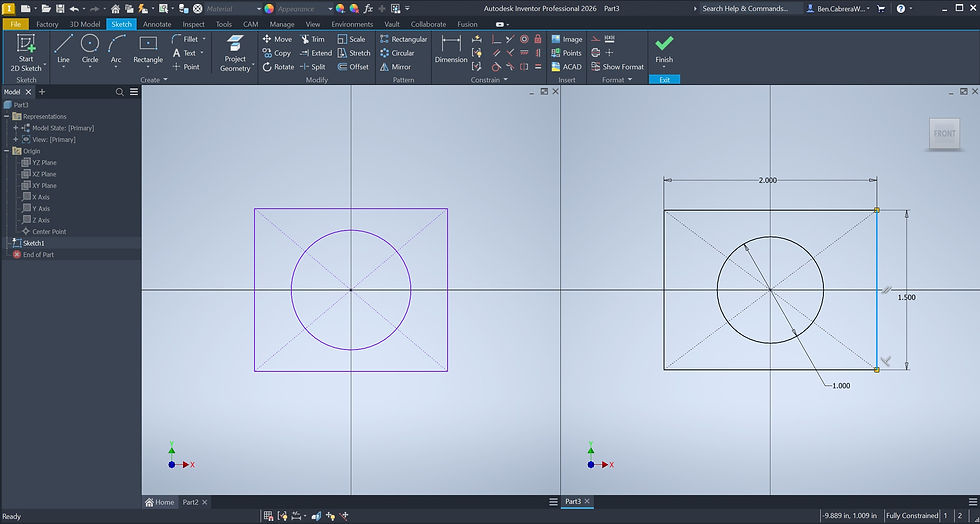 screenshot from CAD software showing a split screen of a 2D sketch environment. On the left, a purple circle inside a purple square is shown, representing an under-constrained sketch. On the right, the same shapes are shown in a darker color with dimensions and geometric relations, representing a fully constrained sketch.
