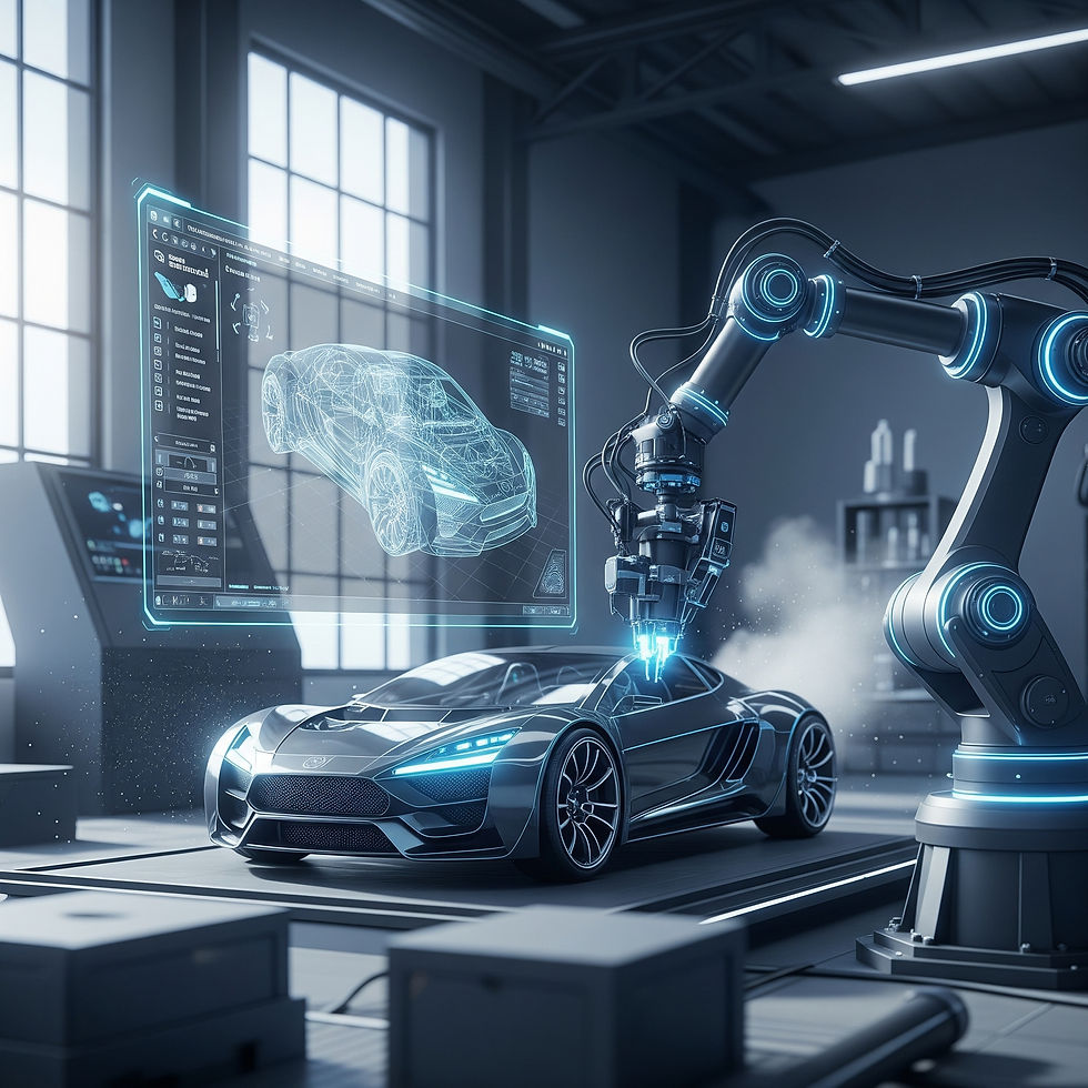 A futuristic factory scene with a robotic arm fabricating parts for a sleek car, controlled by a holographic design interface, illustrating the seamless integration of design and manufacturing.