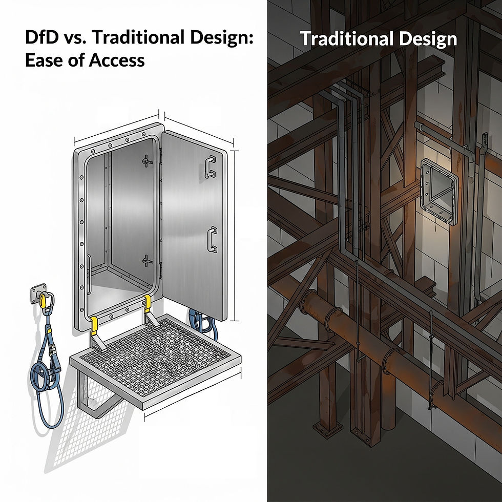 A split image contrasting "DfD vs. Traditional Design: Ease of Access." The left side, labeled "DfD vs. Traditional Design," shows a detailed, open metal access panel with a safety harness attached. The panel is large and easy to enter, indicating good accessibility. The right side, labeled "Traditional Design," displays a dark, cluttered industrial space with numerous pipes and structural beams. A small, barred window in the background suggests a confined, hard-to-reach access point.