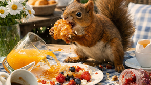 Ein Eichhörnchen verwüstet einen liebevoll gedeckten Frühstückstisch im sommerlichen Garten