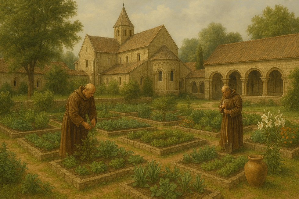 Zwei Mönche arbeiten in einem frühmittelalterlichen Klostergarten