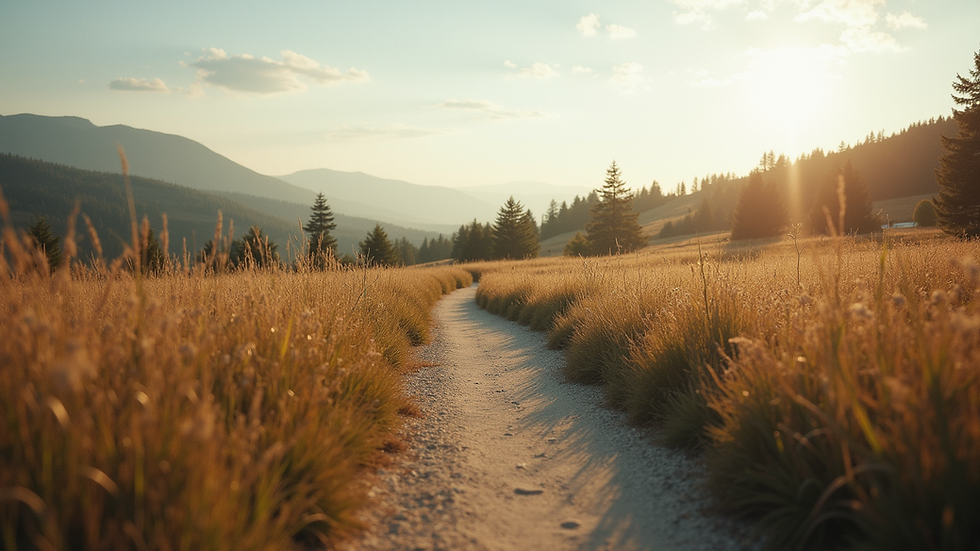 Eye-level view of a serene landscape with a winding path