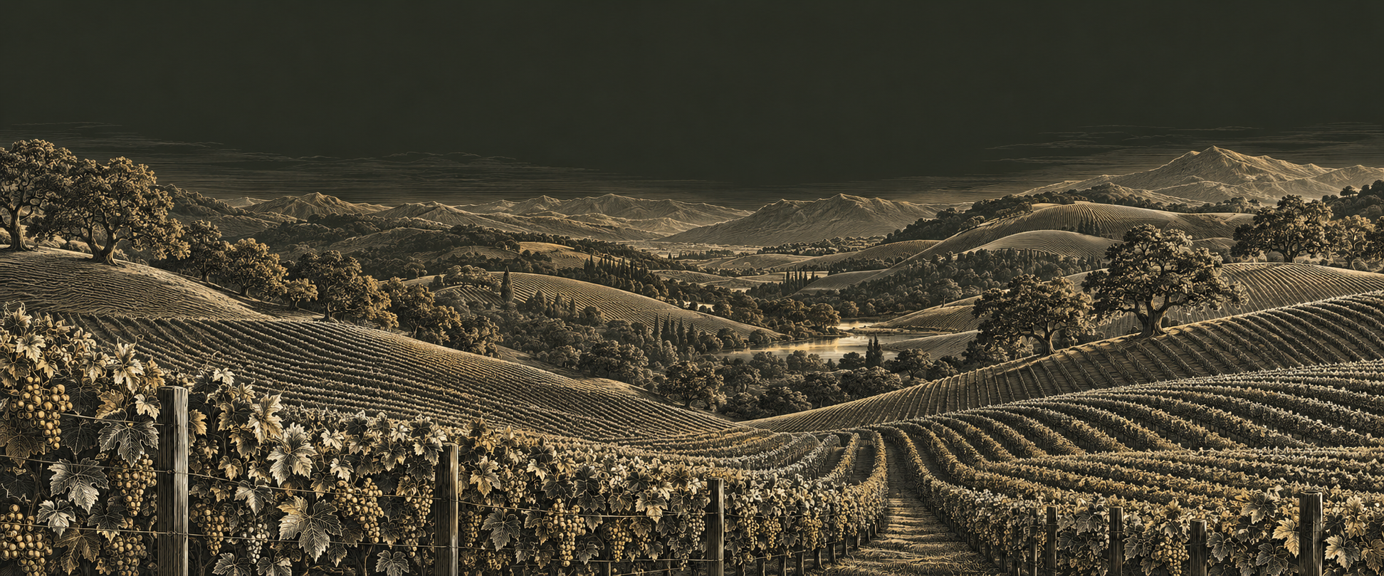 Conceptual engraved vineyard landscape in gold on charcoal
