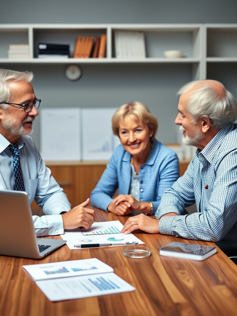 Financial advisor meeting with retired couple discussing Roth conversion and retirement tax planning