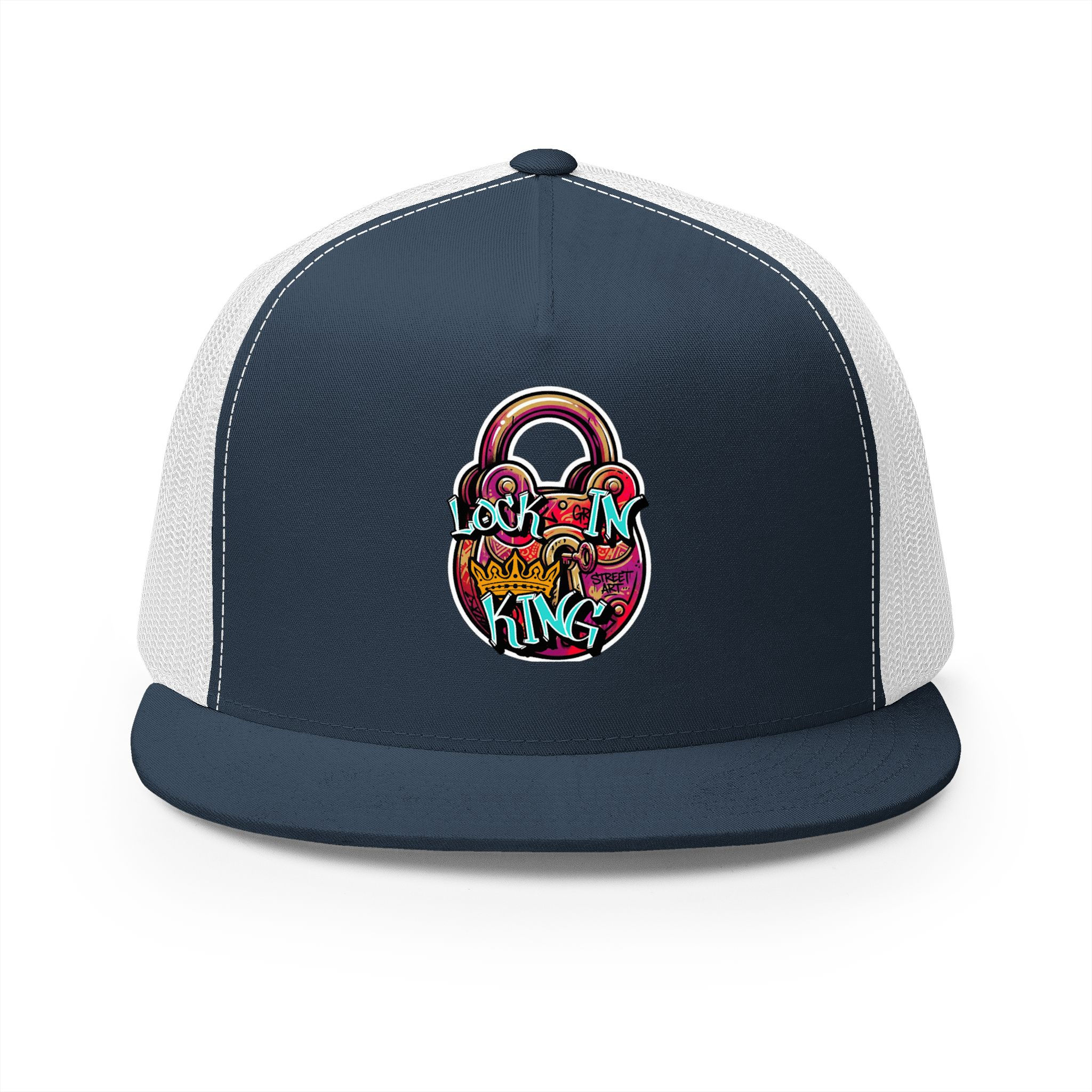 Trucker Cap – Colorful Padlock 'Lock In King' Patch Flat Bill