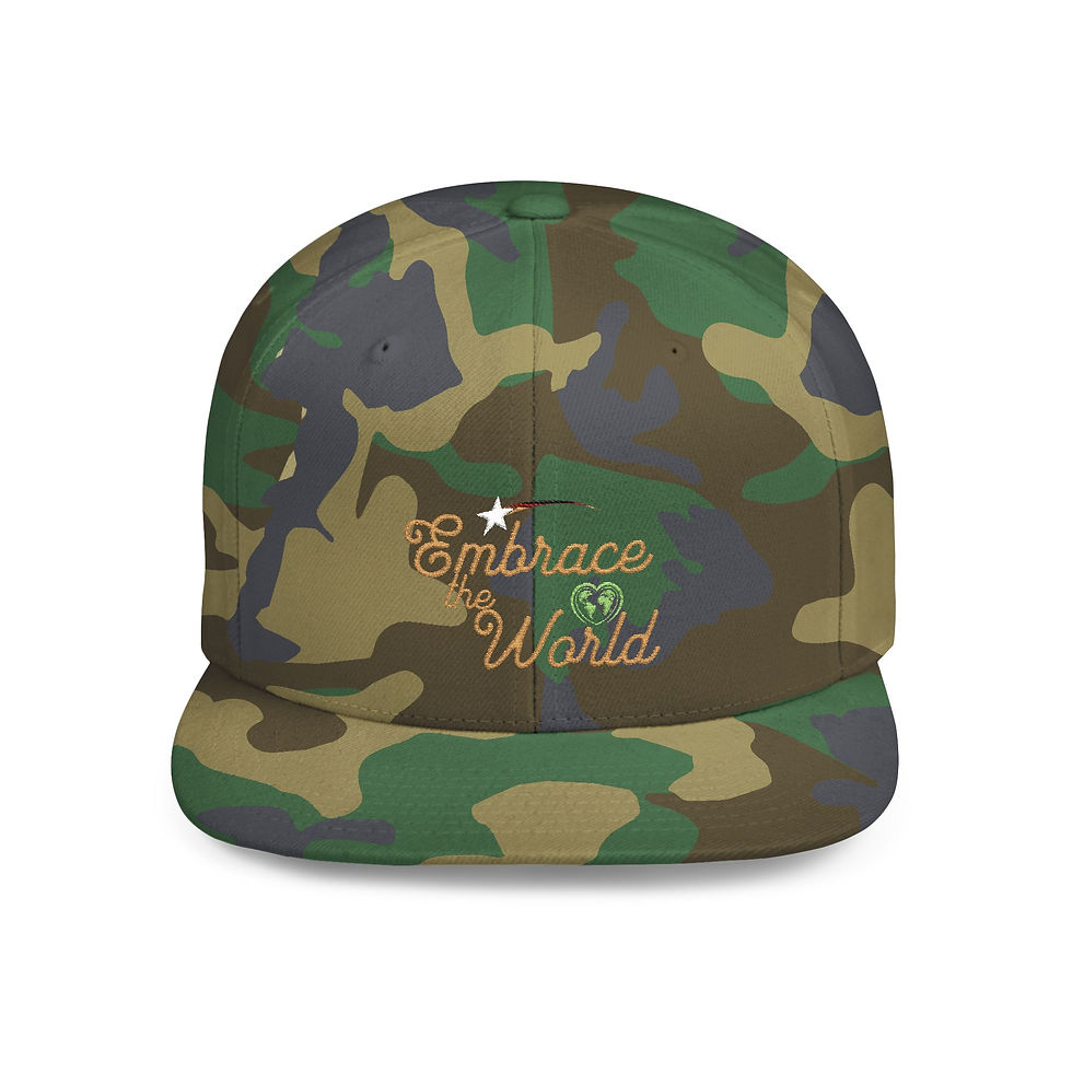 Thumbnail: Camo Flat Bill Snapback Hat — "Embrace the World" Embroidered