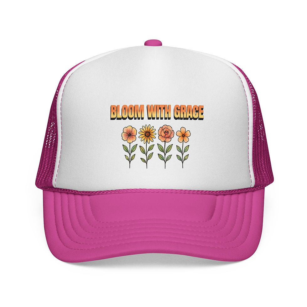 Thumbnail: Bloom With Grace Trucker Hat - Floral Inspirational Mesh Cap Folded Bill