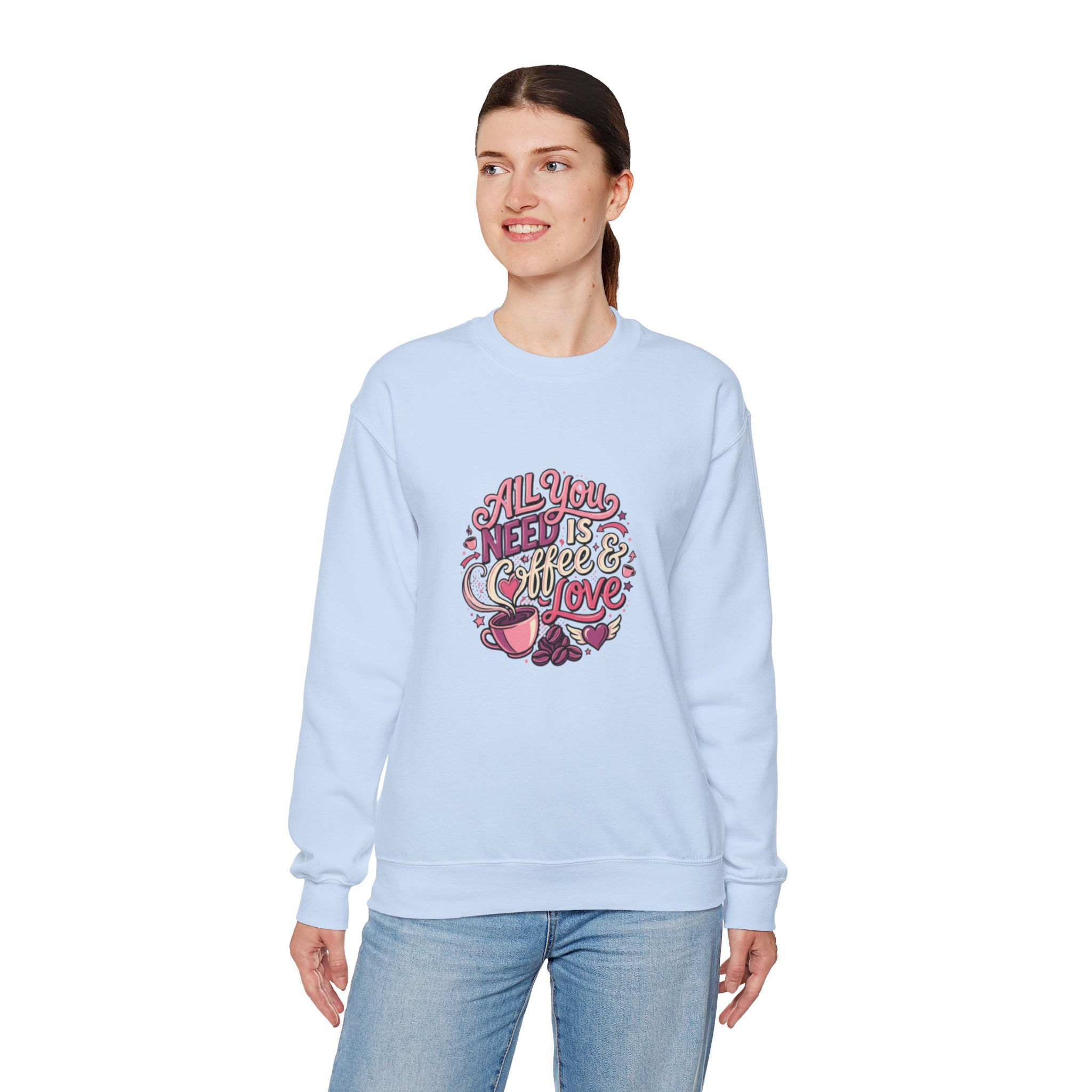 Crewneck Sweatshirt — "All You Need Is Coffee & Love"Retro Coffee Lover Pullover
