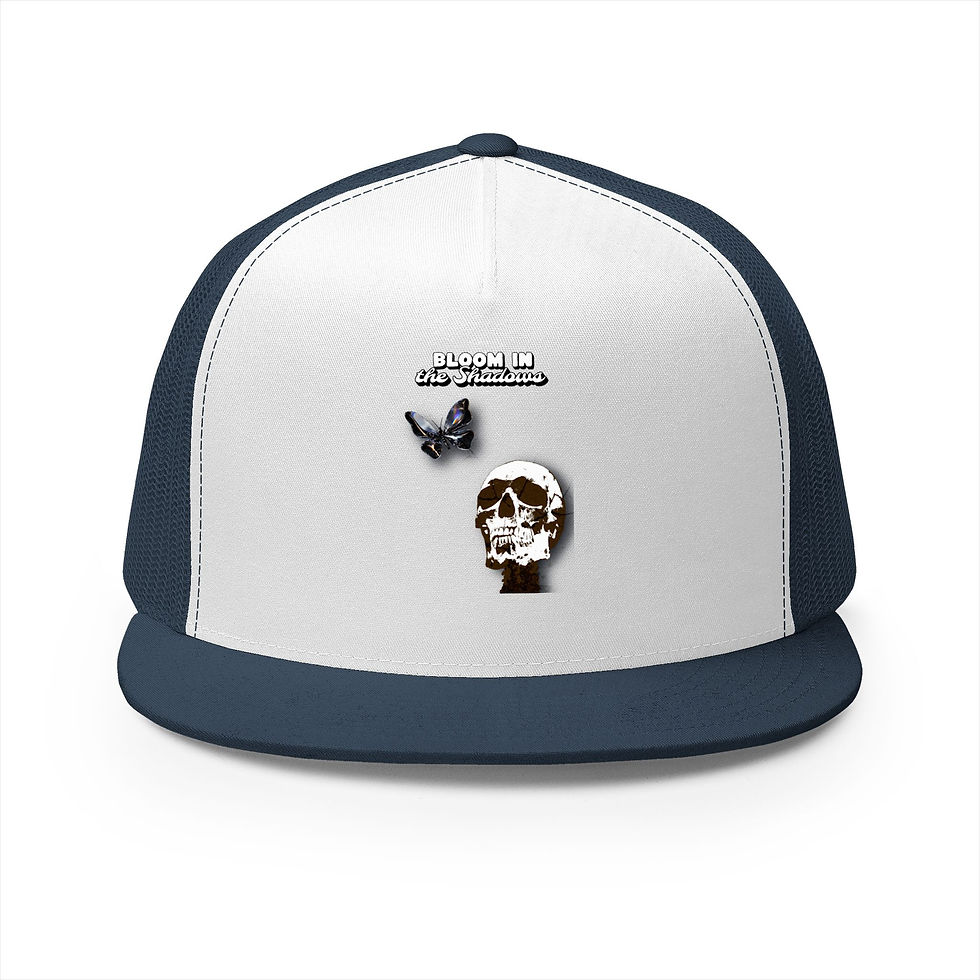 Thumbnail: Trucker Cap — 'Bloom in the shadows' Skull & Moth Flat Bill