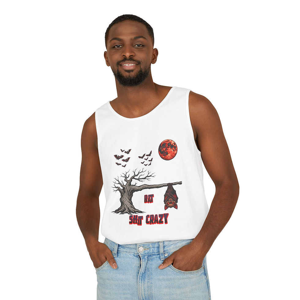 Thumbnail: Halloween Bat Tank Top - 'Eat Sleep Crazy' Spooky Tree & Red Moon Graphic