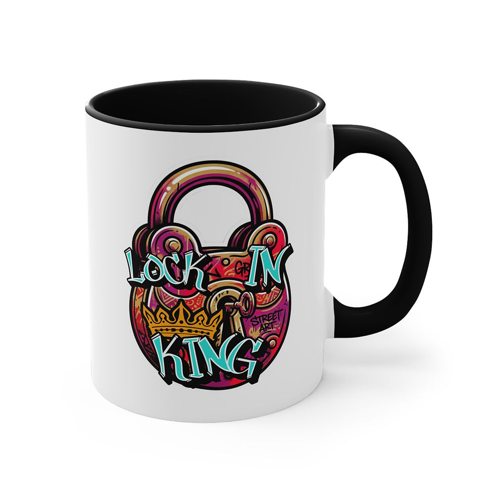 Thumbnail: Lock-In King Coffee Mug — Colorful Street Art Padlock Design, 11oz Accent Mug