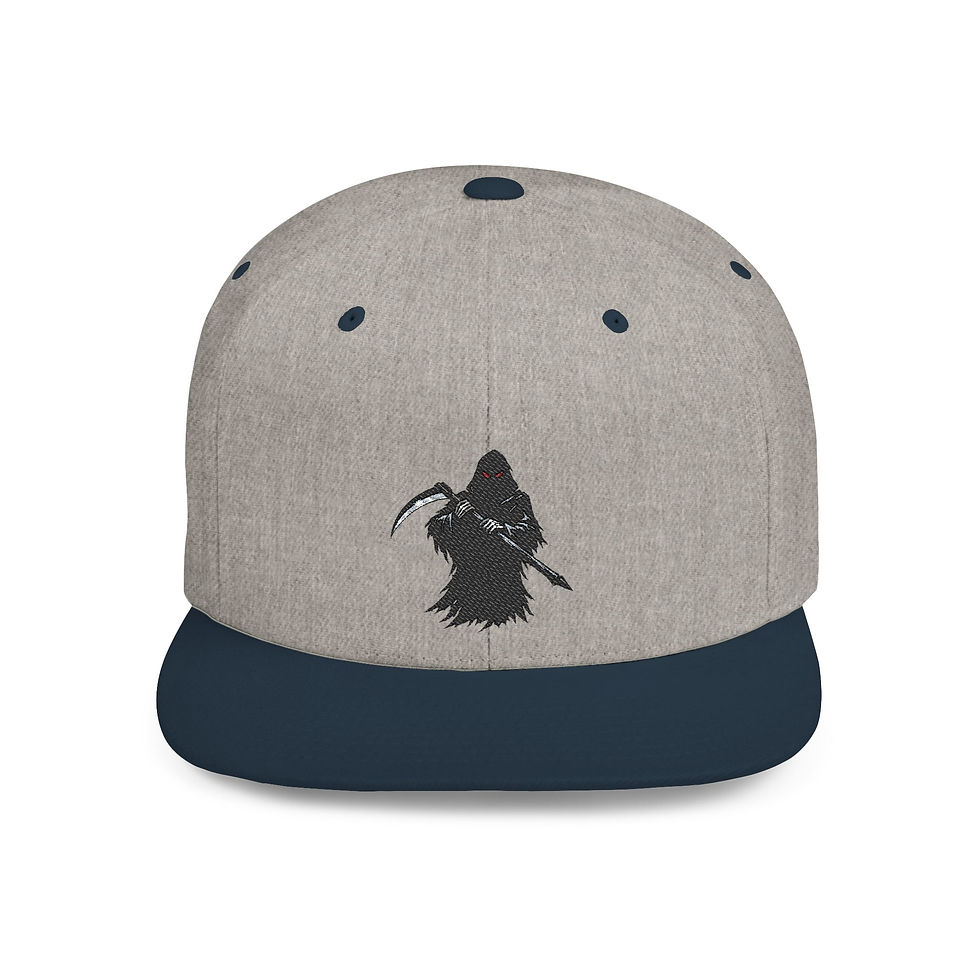 Thumbnail: Snapback Hat — Grim Reaper Skull Embroidered Flat Bill Cap