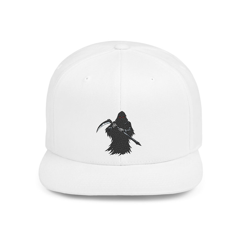 Thumbnail: Snapback Hat — Grim Reaper Skull Embroidered Flat Bill Cap