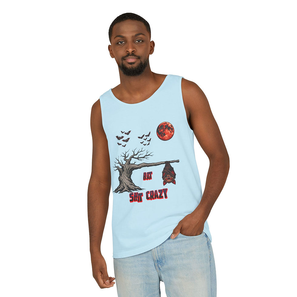 Thumbnail: Halloween Bat Tank Top - 'Eat Sleep Crazy' Spooky Tree & Red Moon Graphic
