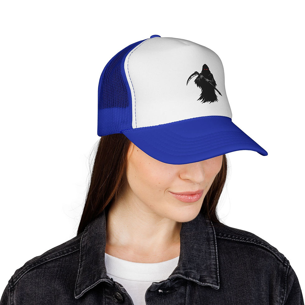 Thumbnail: Grim Reaper Trucker Cap — Gothic Scythe Mesh Hat