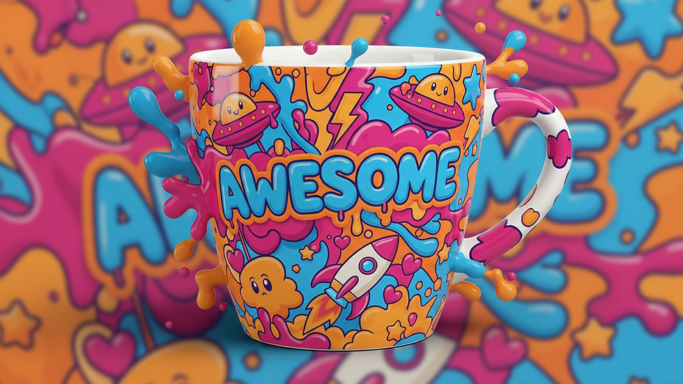 Close-up view of a personalized coffee cup with a colorful custom design