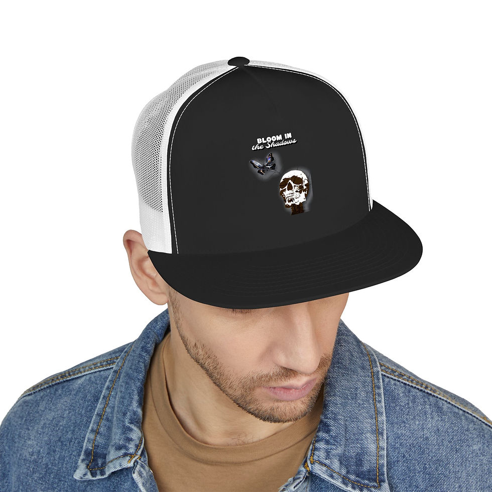 Thumbnail: Trucker Cap — 'Bloom in the shadows' Skull & Moth Flat Bill