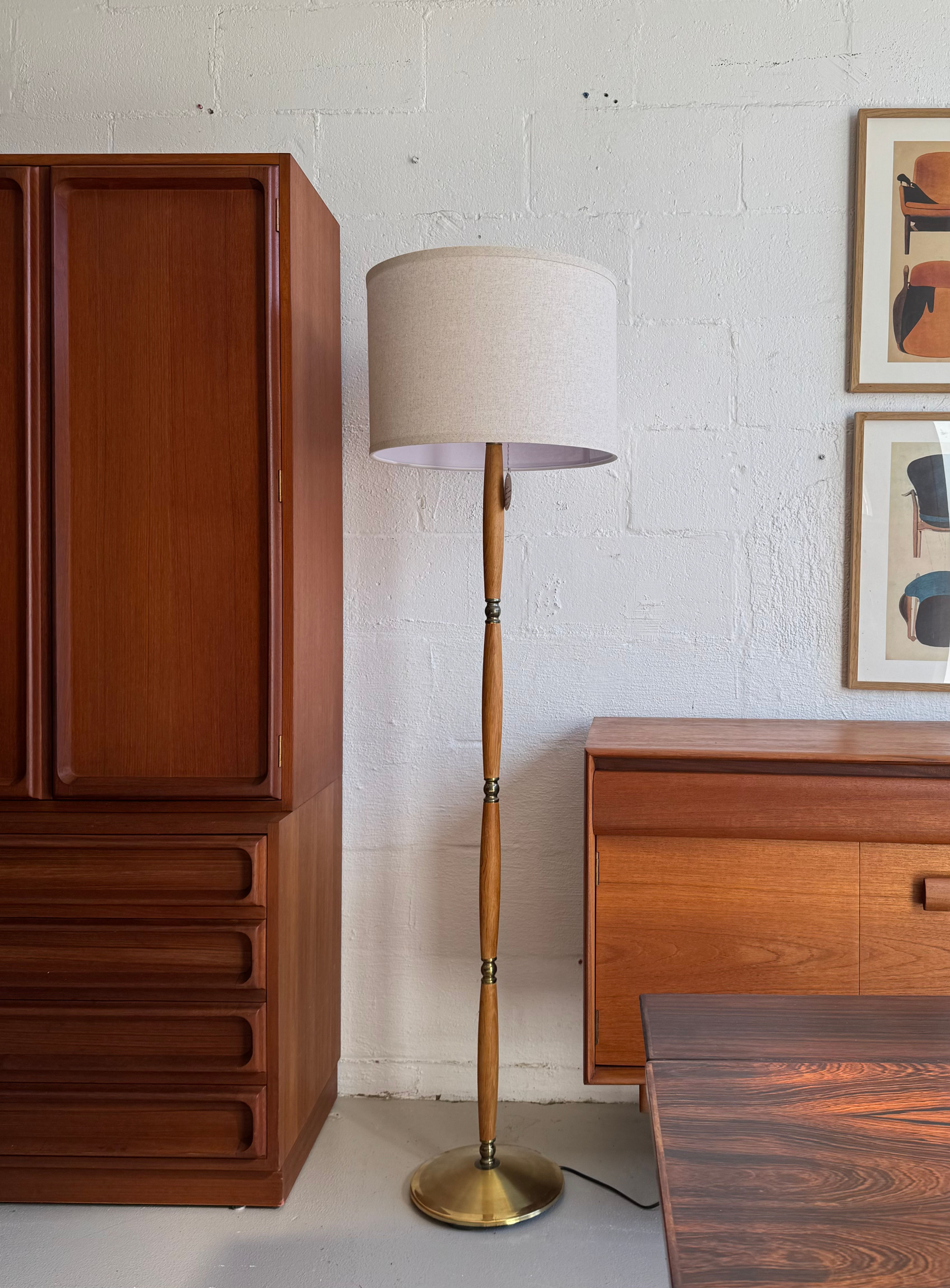Mid century oak and brass floor lamp 