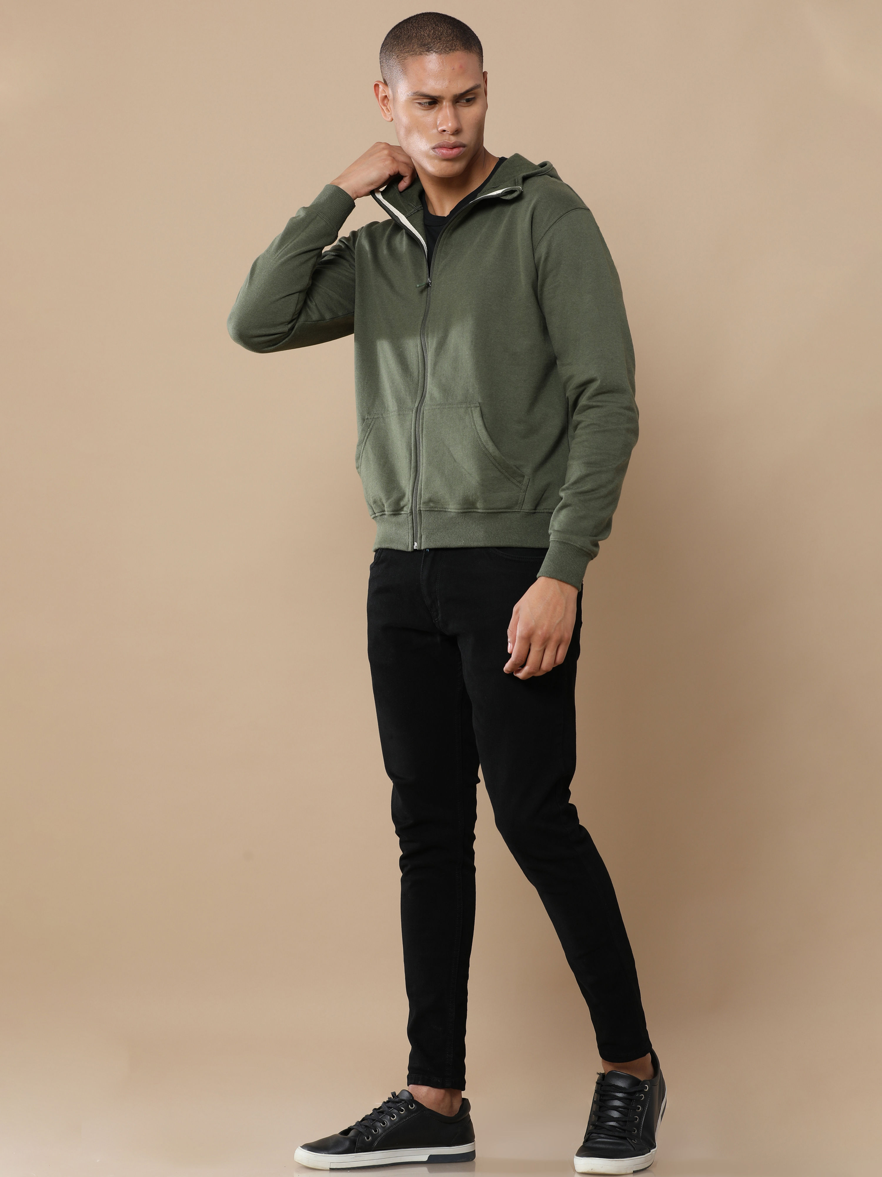 High Neck Zipper Hoodie | Olive Green