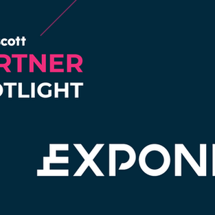 Dark blue background with pink diagonal lines. White text reads "shawscott PARTNER SPOTLIGHT EXPONEA." Bold, modern design.