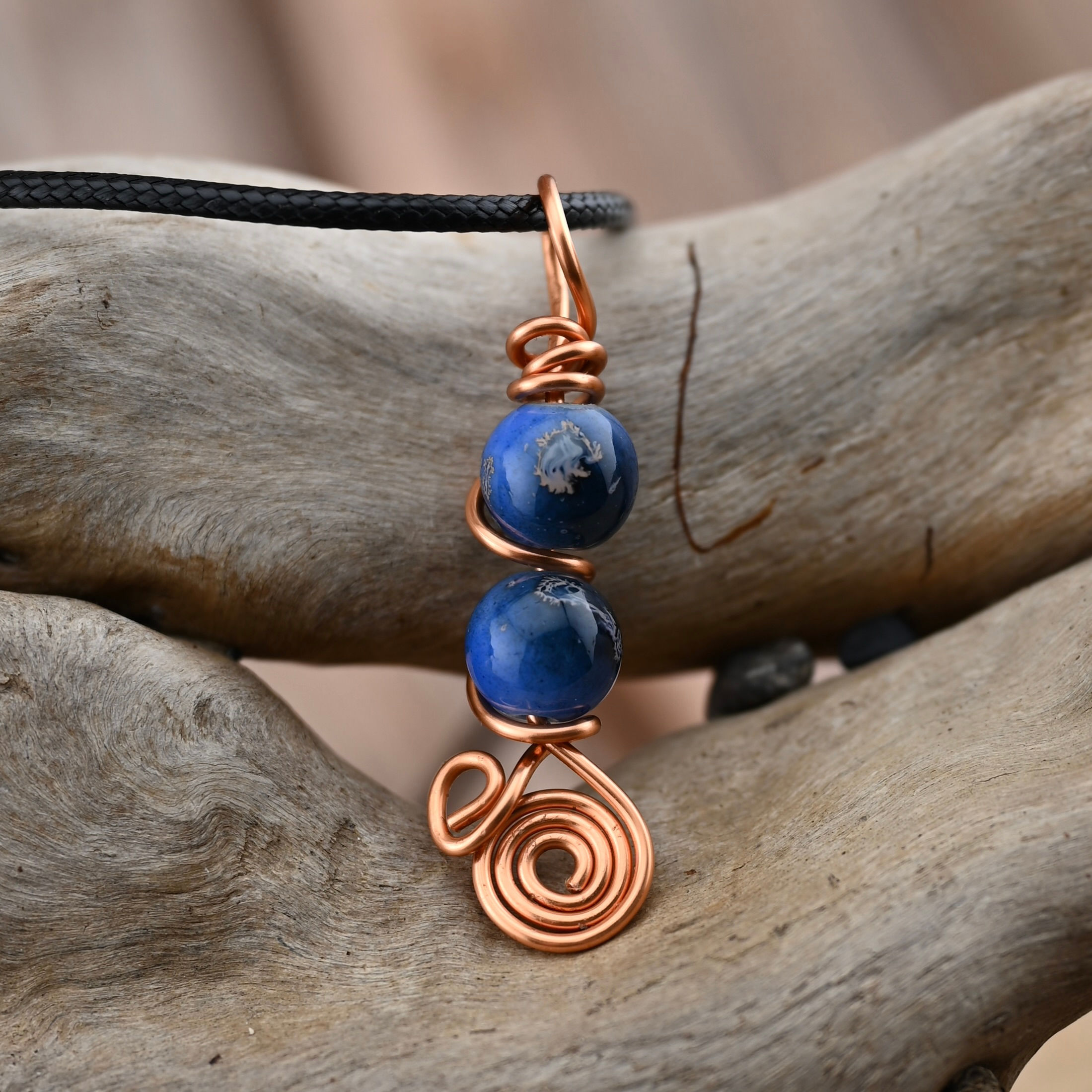 Copper Wire Wrapped Blue Beads