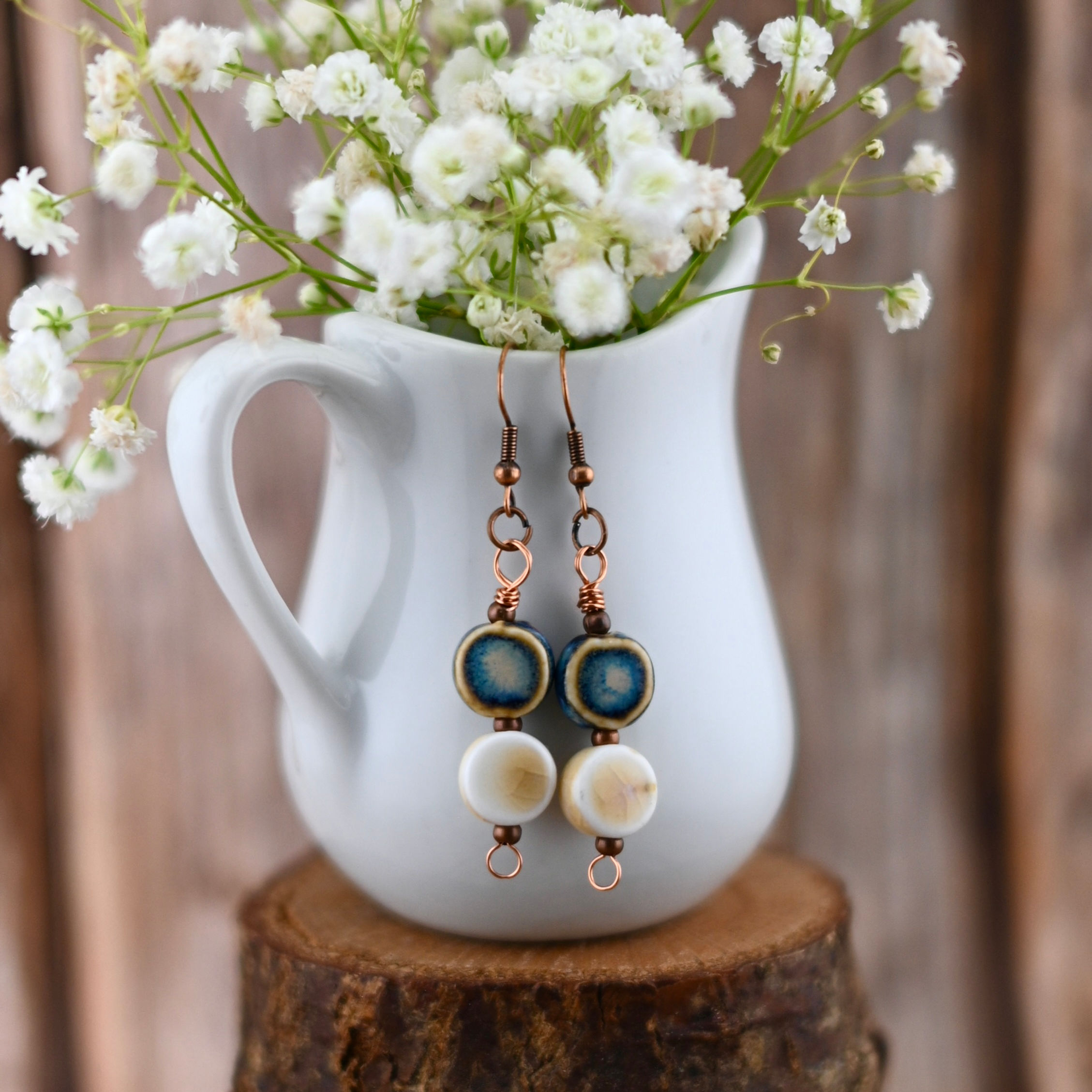 Blue and Ivory Ceramic Earrings