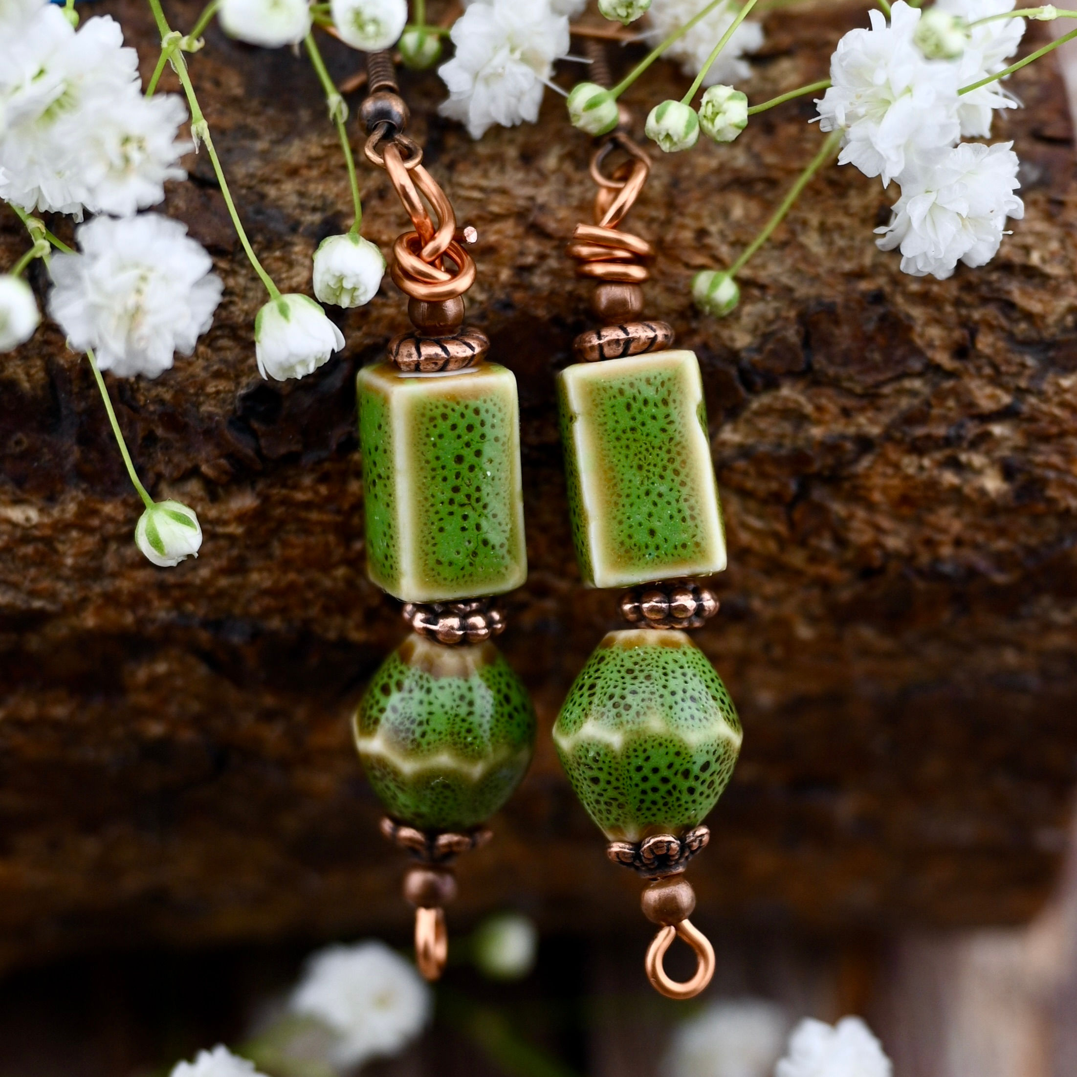 Green and Copper Ceramic Earrings