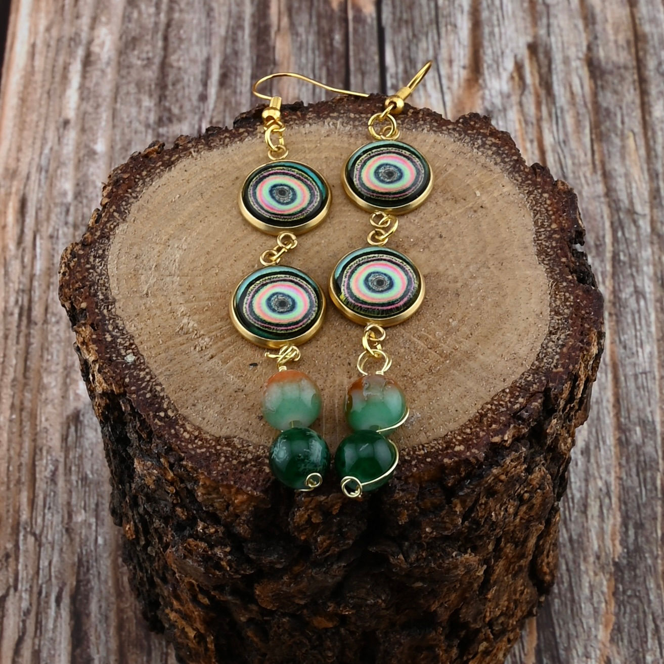 Green, Gold & Coral Earrings