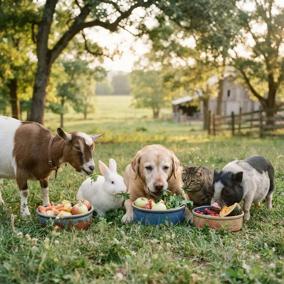 Outdoor photography of a farm scene with a goat, rabbit, dog, cat, and pig gathered around bowls of fruit in a grassy field. The mood is peaceful and idyllic.