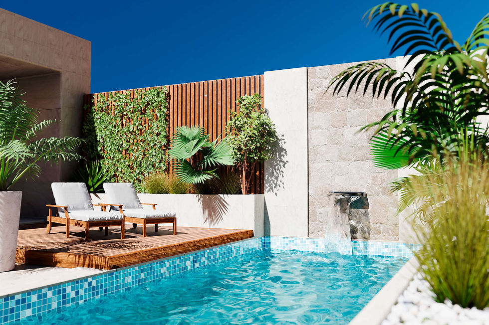 Plunge pool and deck framed by palms