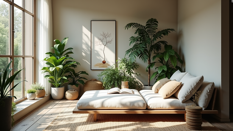 Vue à hauteur d’œil d’un salon zen avec canapé bas et plantes vertes