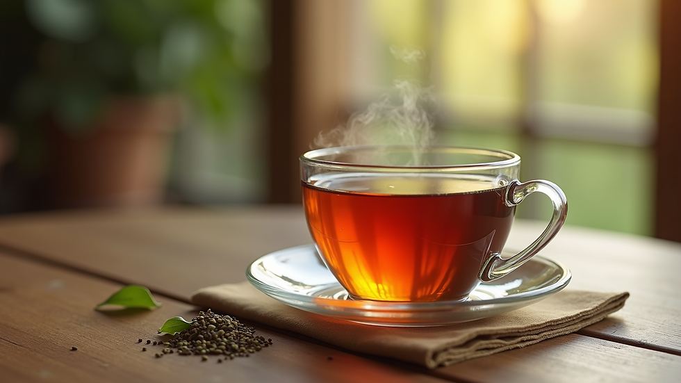 Close-up view of a cup of herbal tea on a wooden table