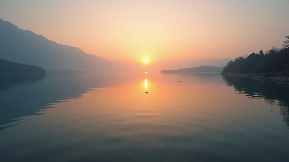 High angle view of a calm lake at sunrise with soft colors