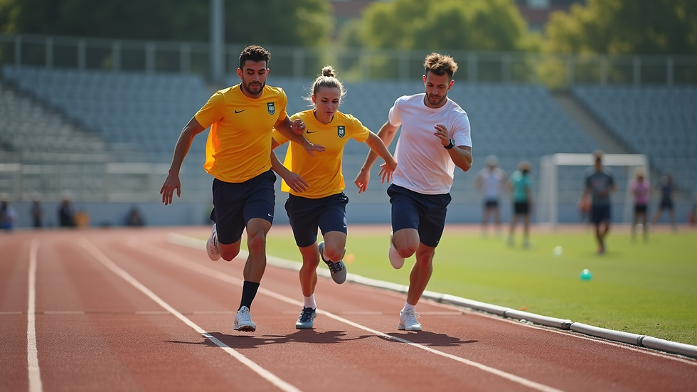 High angle view of a coach guiding an athlete during a sprint drill