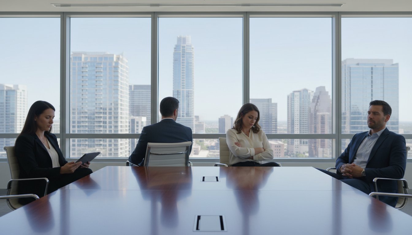 Four people sit in a modern office with a cityscape view. Three face the camera, one with crossed arms, another reads a tablet. Mood is serious.