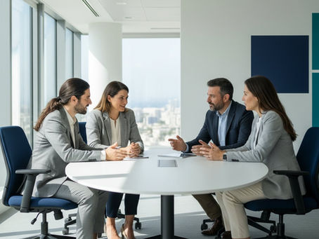 Startup leadership team in a meeting room discussing behavioral frameworks for scaling from Series A to Series B