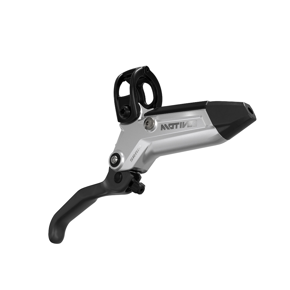 Silver and black bike brake lever labeled "Motive." Set against a white background, showing a modern, sleek design.