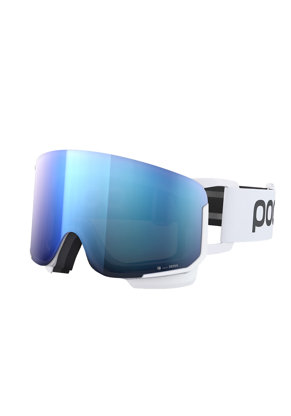Ski goggles with blue mirrored lenses and a white strap, featuring "poc" text. Sleek design on a plain white background.