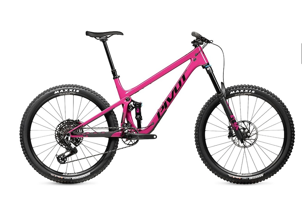 Pink mountain bike with "Pivot" on the frame, black tires labeled "Maxxis," and a white background. No people or actions visible.