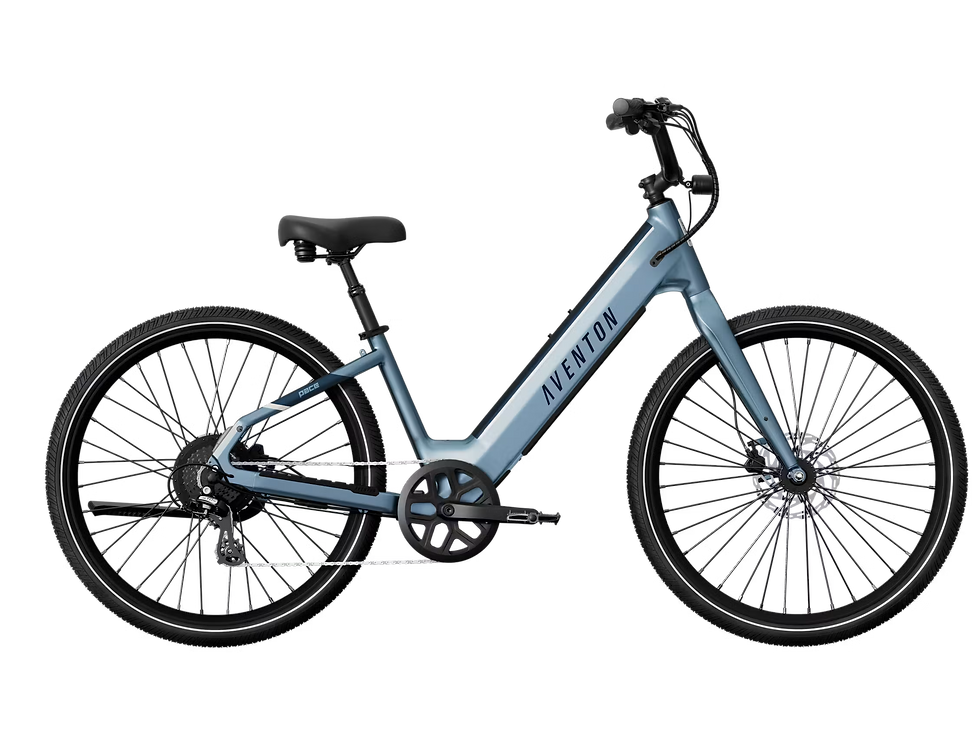 Blue Aventon electric bicycle shown in profile on a black background, with large wheels and step-through frame.