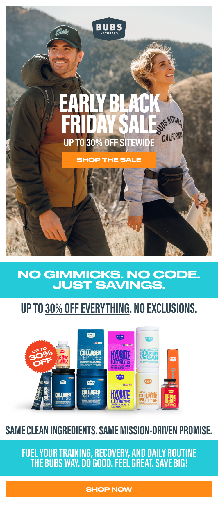 Couple outdoors in Bubs Naturals clothing. "Early Black Friday Sale" text. Products shown below with "Up to 30% off" noted.