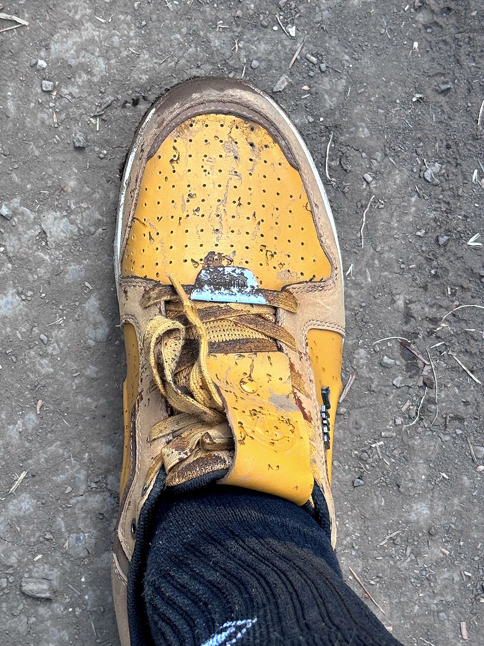 Muddy yellow sneaker with untied laces on rough dirt ground, viewed from above.