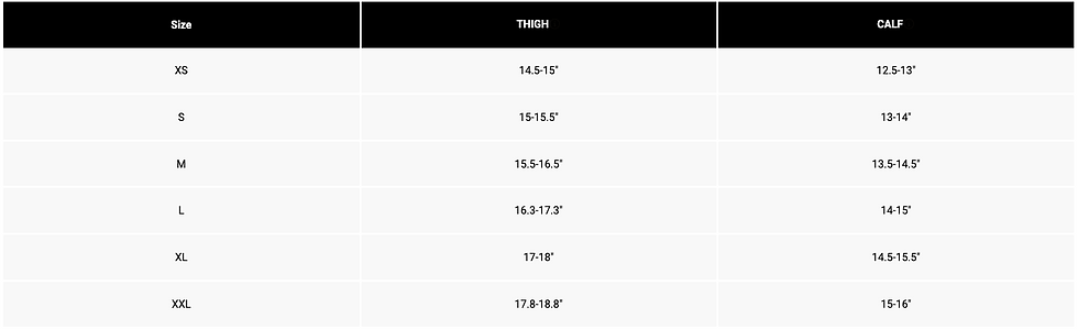 Size chart with columns for Size, Thigh, and Calf measurements. Sizes range from XS to XXL. Simple black-and-white layout.